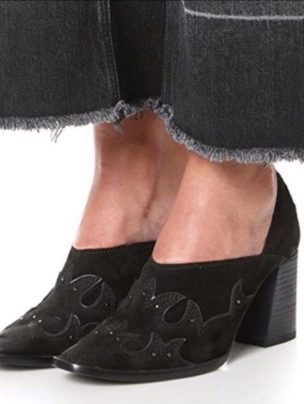 Free People Alamo Western Black Suede Block Heel Slip-On Shoes Size 38